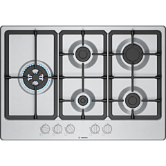 Bosch PGM7B5K90 Brushed steel, 75cm, 5 burners, 3.3kW Wok, 3 Dishwasher suitable cast iron pan suppo