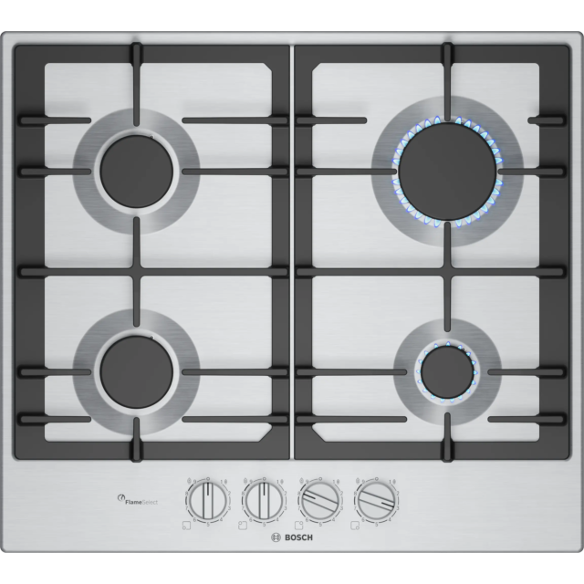 Bosch PCP6A5I90 Brushed steel, 60cm, 4 burners, Optimised FlameSelect