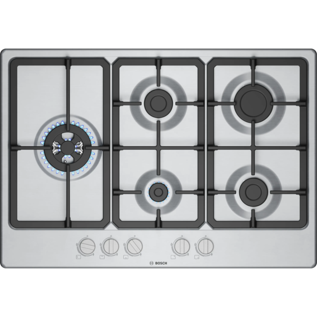 Bosch PGM7B5K90 Brushed steel, 75cm, 5 burners, 3.3kW Wok, 3 Dishwasher suitable cast iron pan suppo