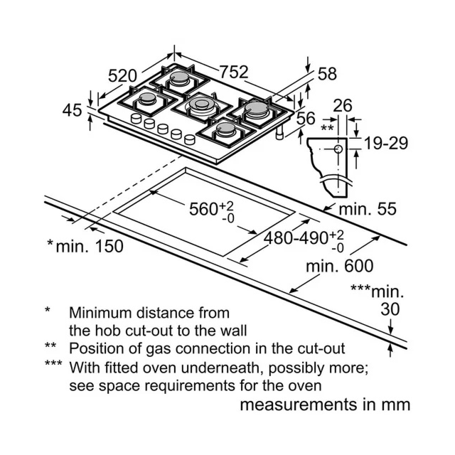 Bosch PPQ7A6I40 75cm Black Gas Hob with 5 Burners