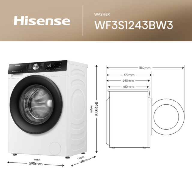 Hisense WF3S1243BW3 12kg 1400 Spin Steam Washer