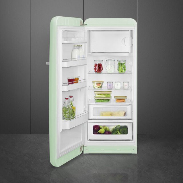 Smeg FAB28LPG5 pastel green, 60cm 50s Style Left Hand Hinge Fridge with Icebox Pastel Green