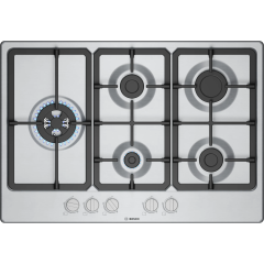 Bosch PGM7B5K90 Brushed steel, 75cm, 5 burners, 3.3kW Wok, 3 Dishwasher suitable cast iron pan suppo