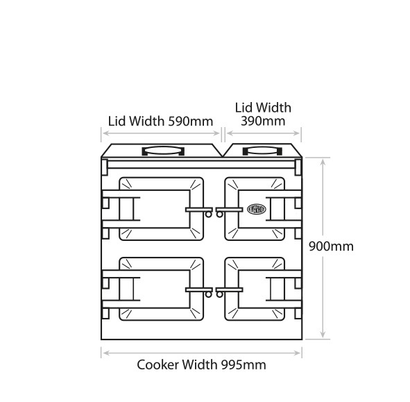 Lid width on the right 590mm. Lid width on the left 390mm. Height 900mm. Cooker Width 995mm.