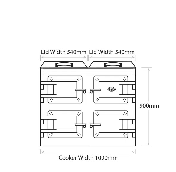 Both lid widths are 540mm each. Height is 900mm. Cooker Width is 1090mm.