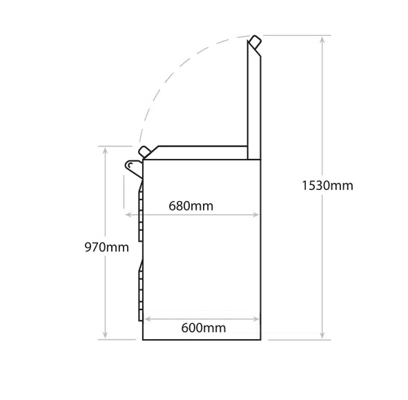 Height with lid up 1530mm. Height with lid down 970mm. Depth 600mm. Depth including grab handle 680mm.