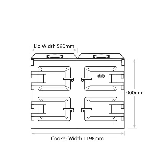 Lid widths 590mm each. Height 900mm. Cooker Width 1198mm.