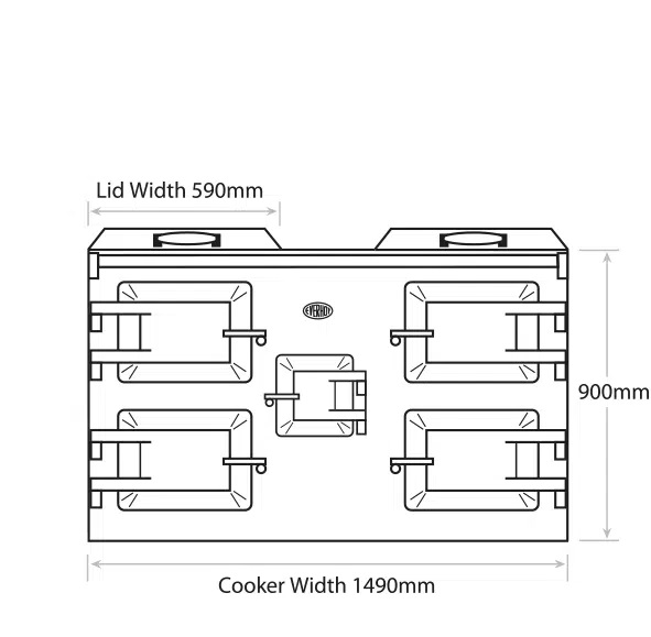 Lid width 590mm  each. Height 900mm. Cooker Width 1490mm.