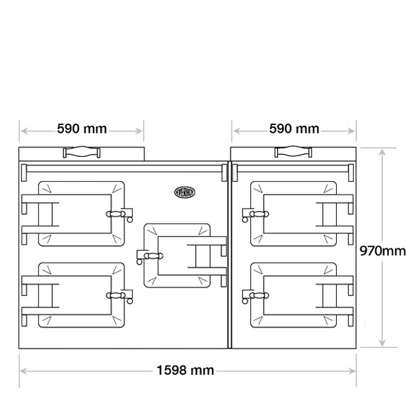 Lid widths are both 590mm. Height of Cooker plus Lid 970mm. Cooker Width 1598mm.