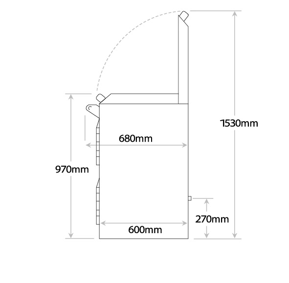 Height with lid up 1530mm. Height with lid down 970mm. Depth 600mm. Depth including grab handle 680mm. Power input at 270mm above ground level.