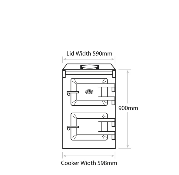 Dimensions from the front. Lid Width 590mm. Height 900mm. Cooker Width 598mm.