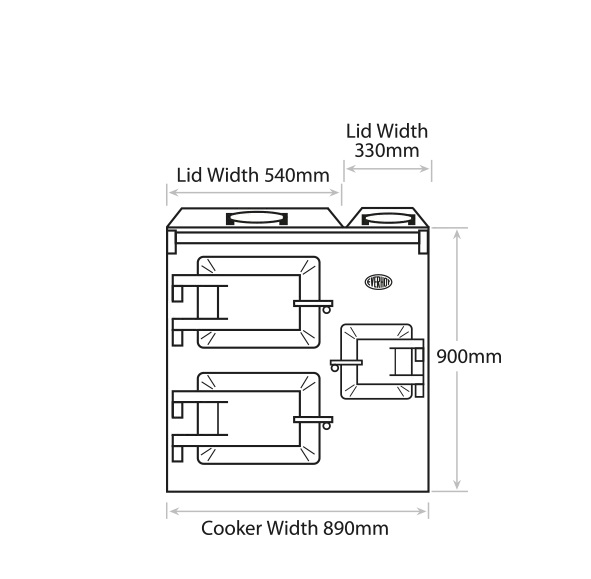 Lid width left 540mm. Lid width right 330mm. Height 900mm. Cooker Width 890mm.