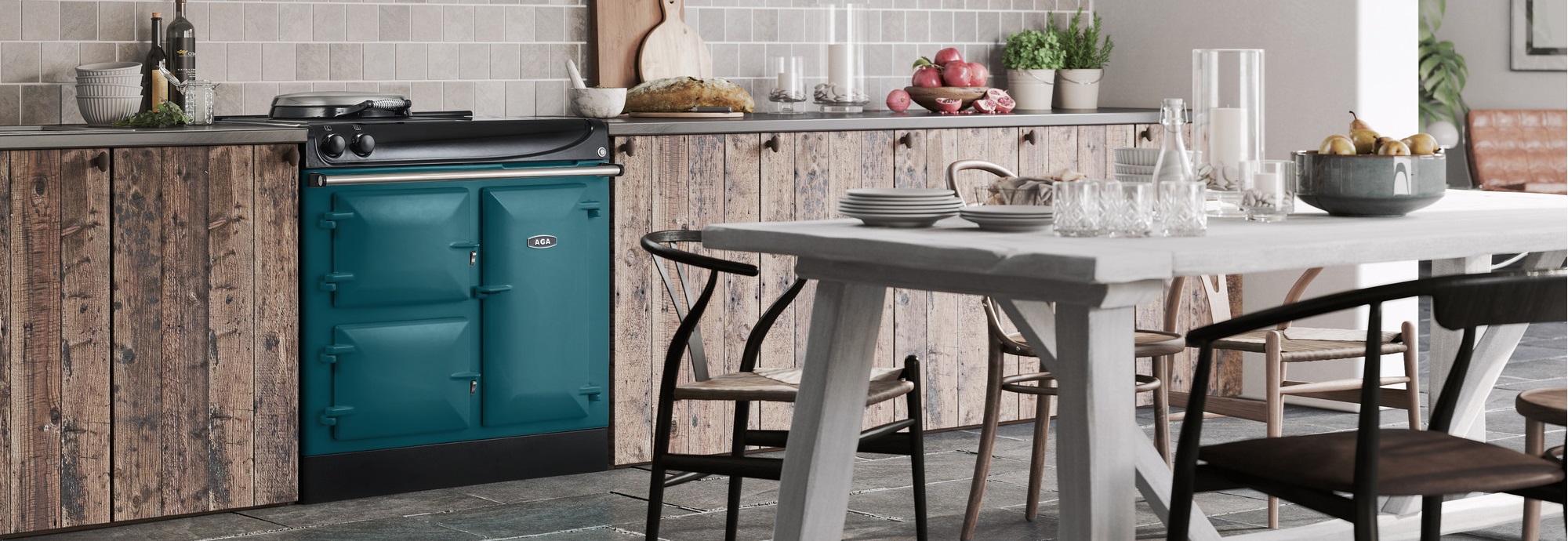 AGA eR3 90 in Salcombe Blue finish in kitchen diner.