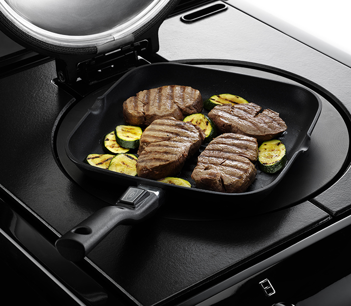 AGA's iconic hotplate with frying pan on it.
