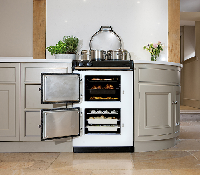 AGA 60 in white with both doors open.