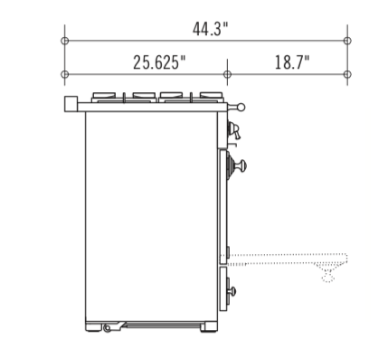 Side Dimensions. 25.625 inches deep, but with oven door open, it's a further 18.7 inches deeper.