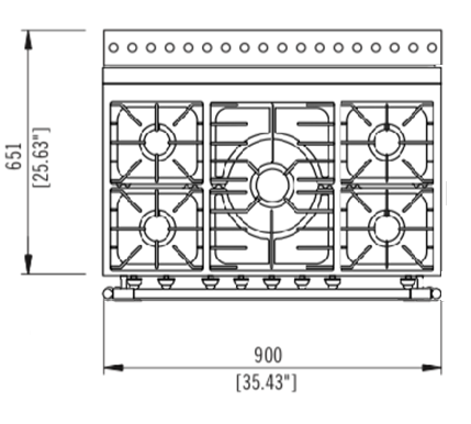 Gas Hob Dimensions. 35.43 inches wide and 25.63 inches deep.