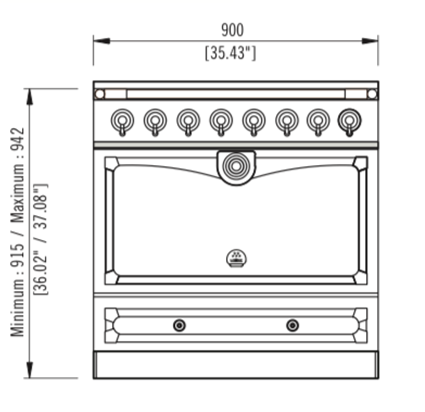 Front Dimensions. 900 millimetres wide with a minimum of 915 to a maximum of 942 millimetres in height.