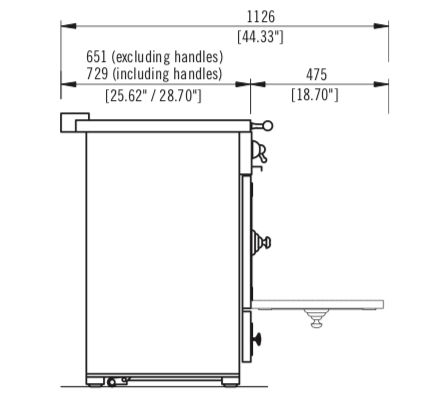Side Dimensions. Depth is 651 millimetres excluding handles and 729 millimetres including handles. With oven door open there is a further 475 millimetres.