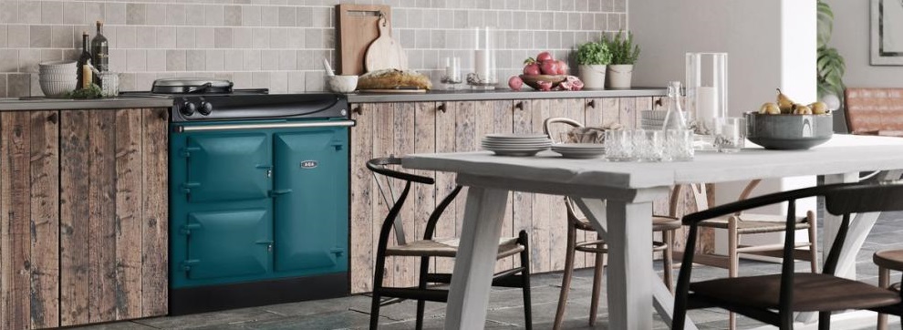 AGA R3 90 in Salcombe Blue finish in a kitchen with a wood finish.
