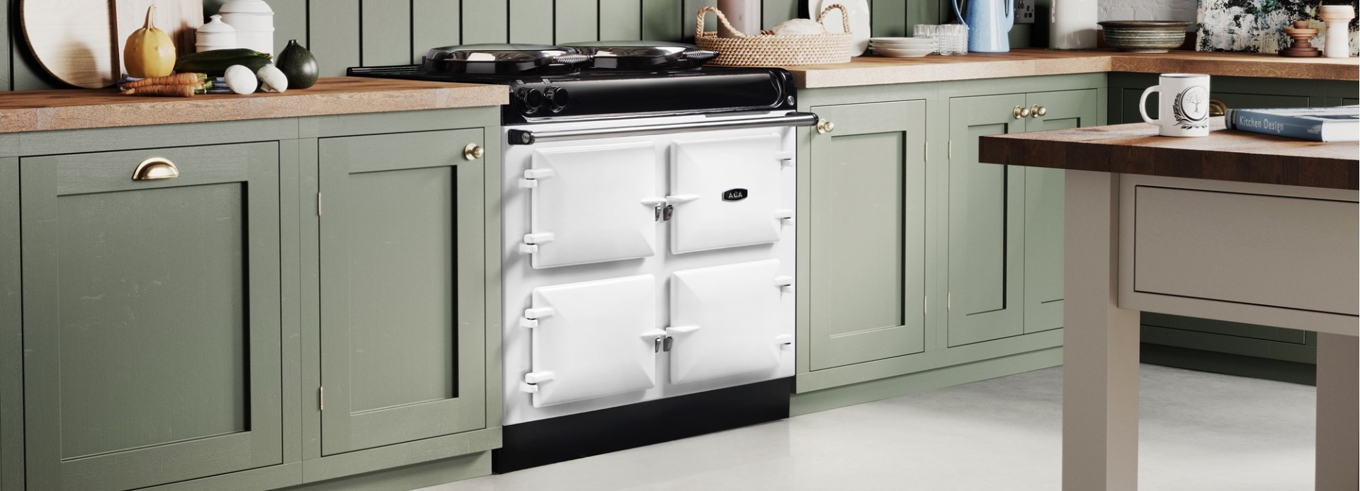 AGA R3 100 in White finish in a kitchen with a Green Smoke finish.