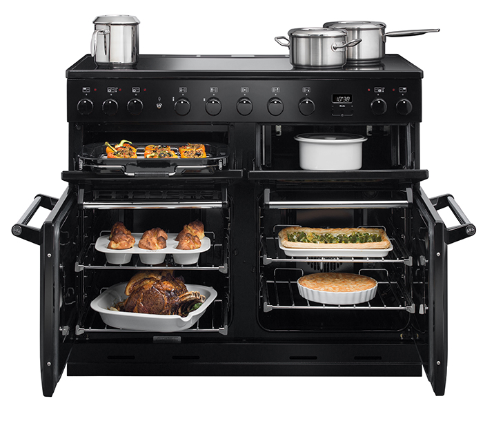Masterchef Deluxe 110 in Black with all of its oven doors open.